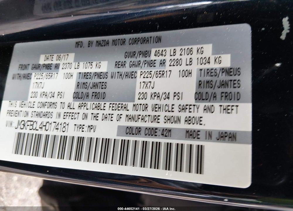 2017 MAZDA CX-5 TOURING VIN: JM3KFBCL4H0174181