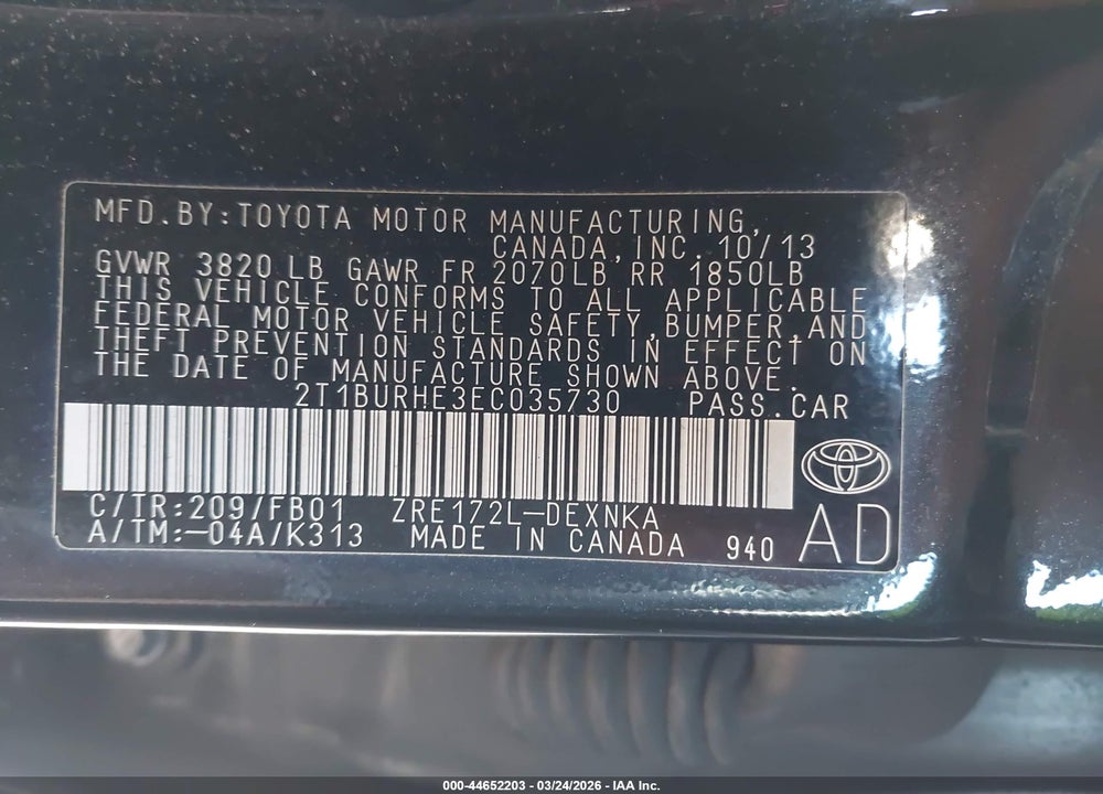 2014 TOYOTA COROLLA LE VIN: 2T1BURHE3EC035730