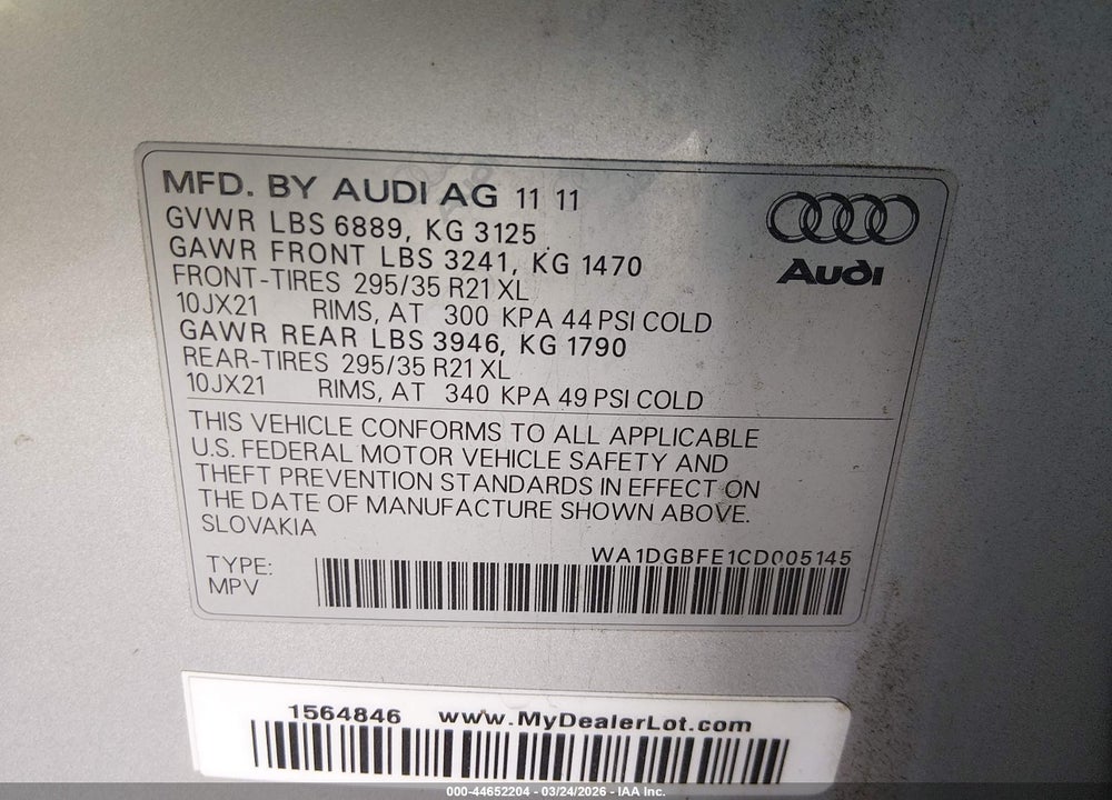 2012 AUDI Q7 3.0T S LINE PRESTIGE VIN: WA1DGBFE1CD005145