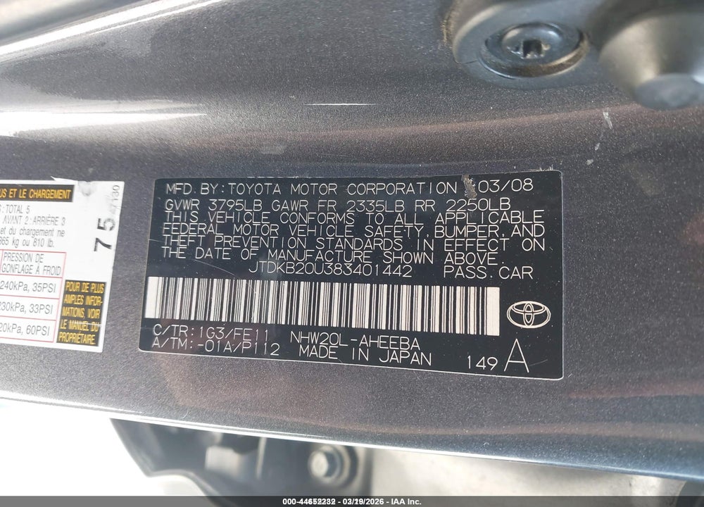 2008 TOYOTA PRIUS VIN: JTDKB20U383401442