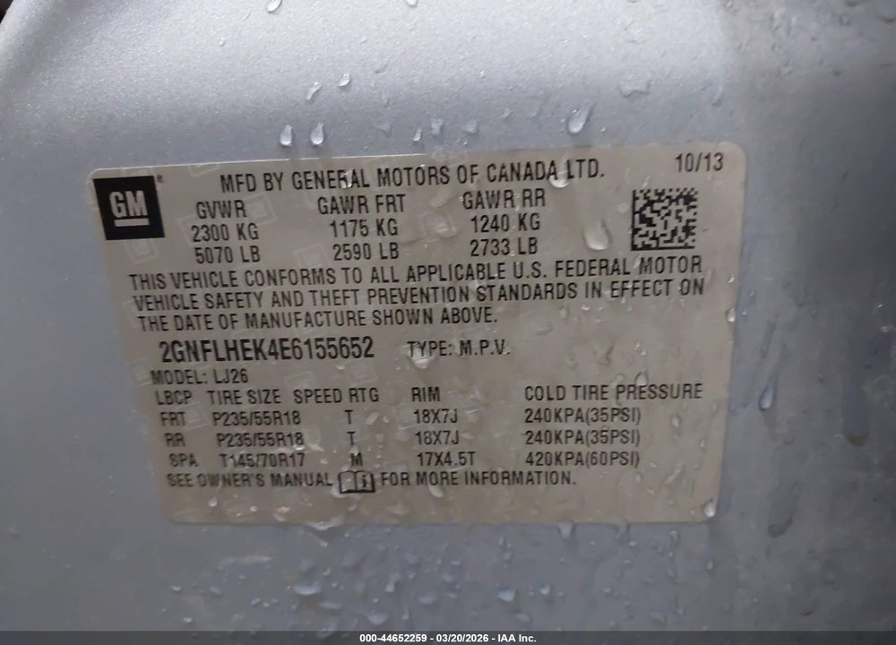 2014 CHEVROLET EQUINOX LTZ VIN: 2GNFLHEK4E6155652