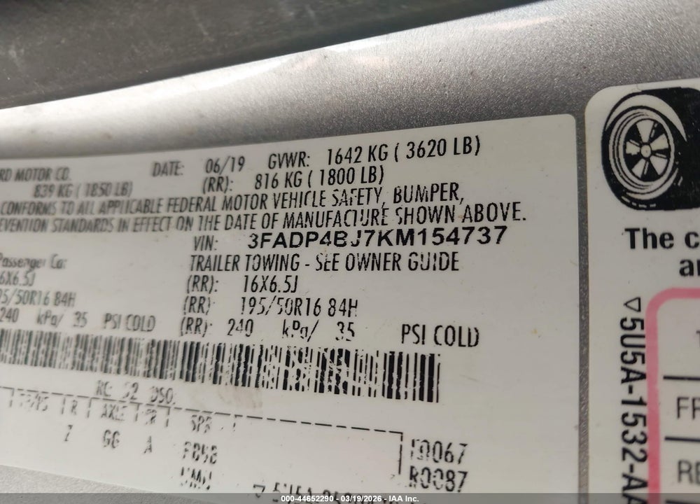 2019 FORD FIESTA SE VIN: 3FADP4BJ7KM154737