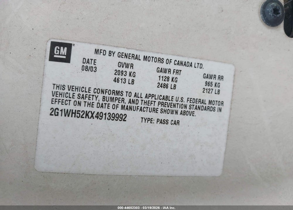 2004 CHEVROLET IMPALA LS VIN: 2G1WH52KX49139992