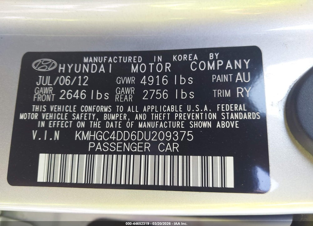 2013 HYUNDAI GENESIS 3.8 VIN: KMHGC4DD6DU209375
