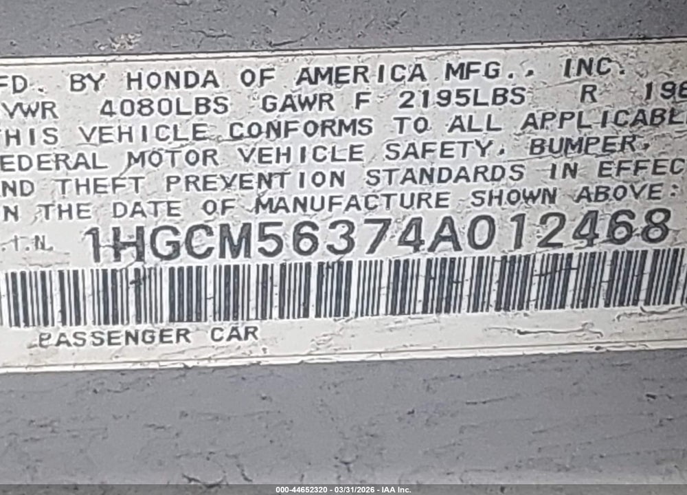 2004 HONDA ACCORD 2.4 LX VIN: 1HGCM56374A012468