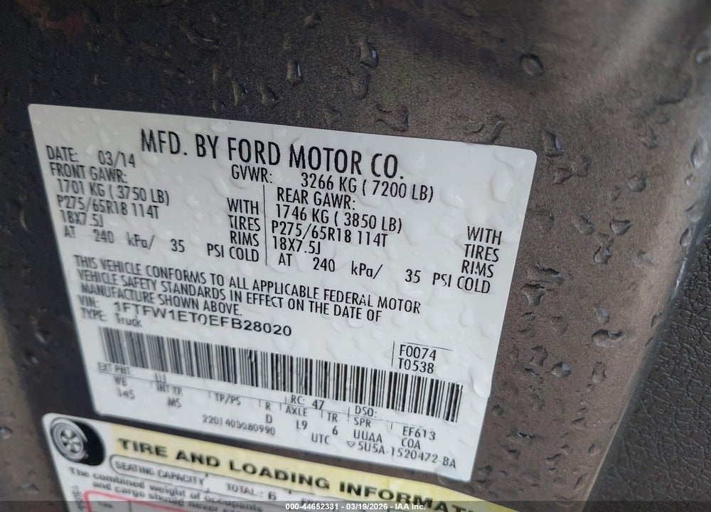 2014 FORD F-150 XLT VIN: 1FTFW1ET0EFB28020