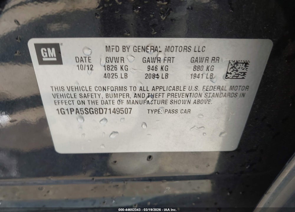 2013 CHEVROLET CRUZE LS AUTO VIN: 1G1PA5SG8D7149507