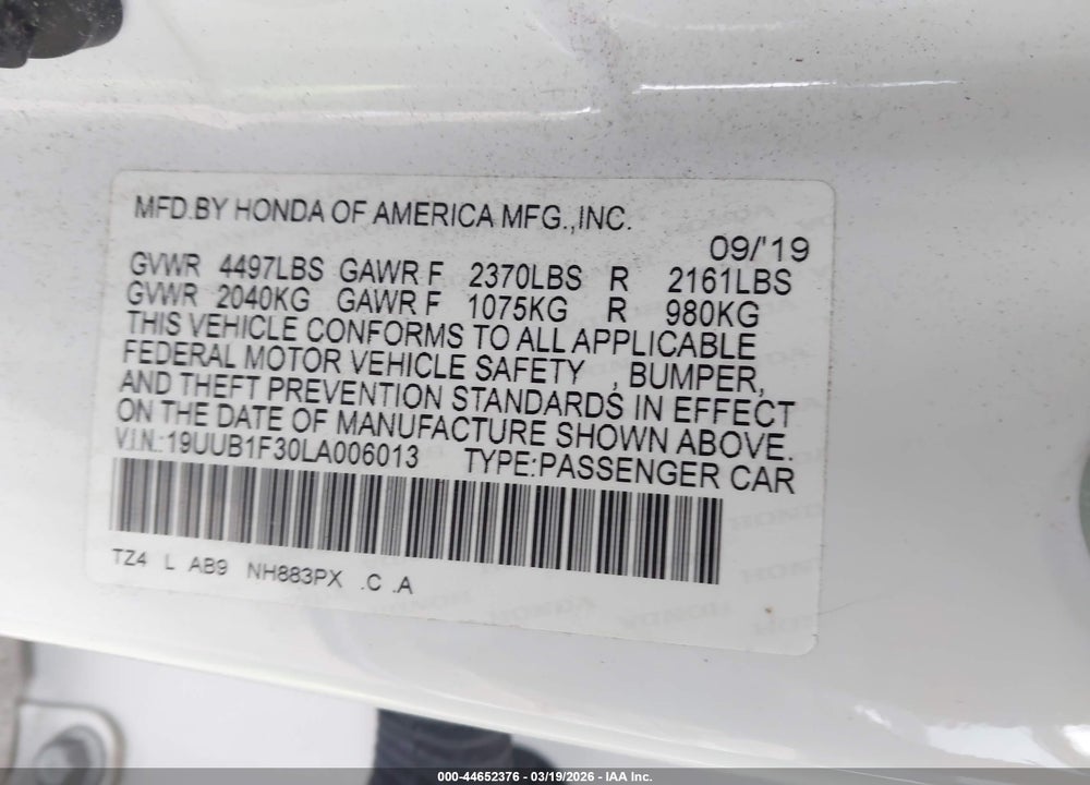 2020 ACURA TLX STANDARD VIN: 19UUB1F30LA006013