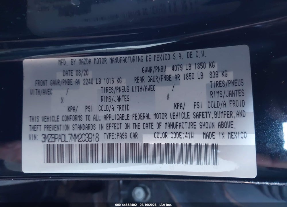 2021 MAZDA 3 PREMIUM VIN: 3MZBPADL7MM203918