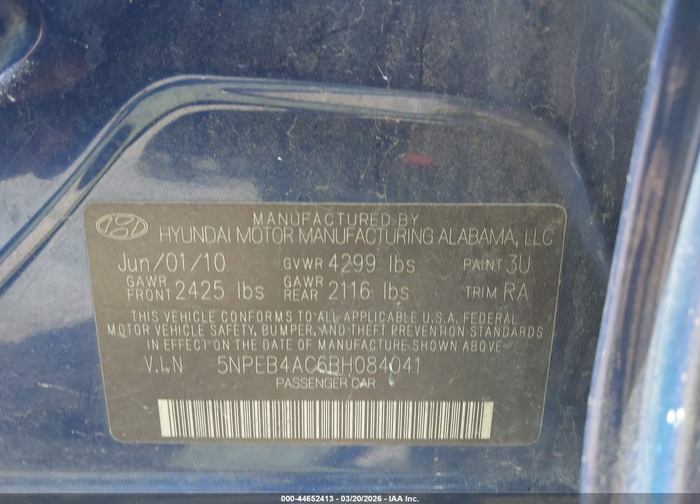 2011 HYUNDAI SONATA GLS VIN: 5NPEB4AC6BH084041