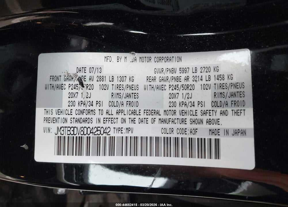 2013 MAZDA CX-9 GRAND TOURING VIN: JM3TB3DV8D0425042