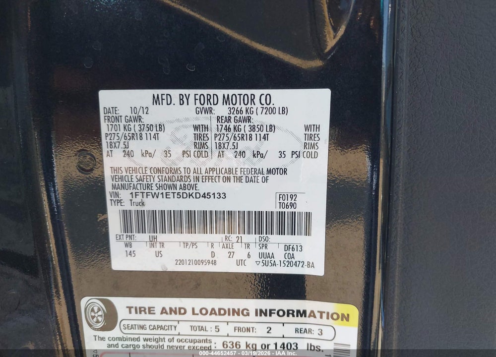 2013 FORD F-150 XLT VIN: 1FTFW1ET5DKD45133