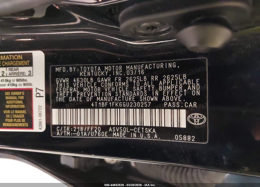 2016 TOYOTA CAMRY SE VIN: 4T1BF1FK6GU230257