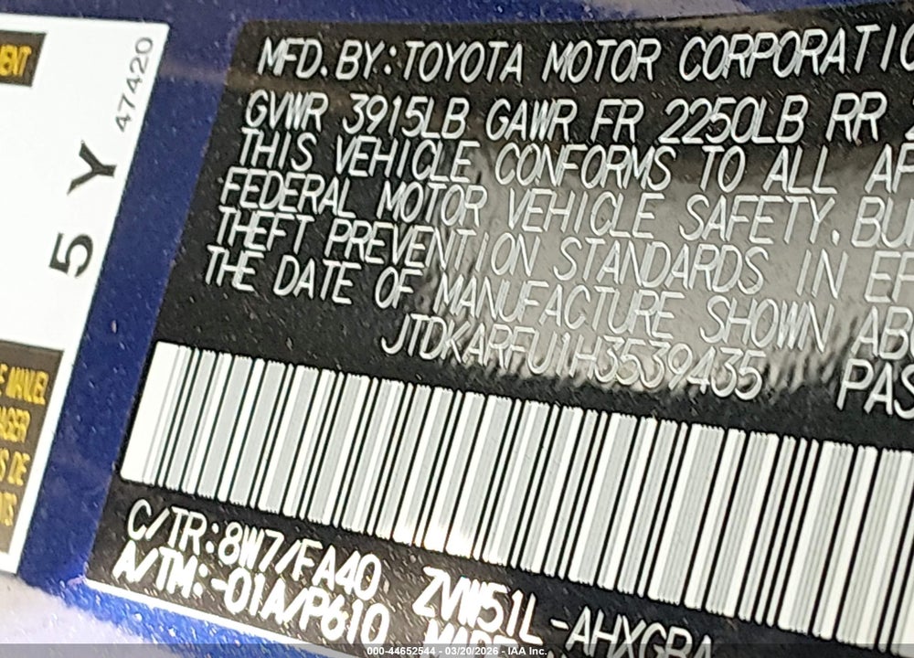 2017 TOYOTA PRIUS THREE VIN: JTDKARFU1H3539435