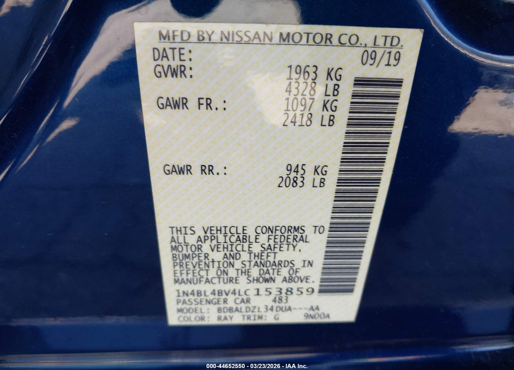 2020 NISSAN ALTIMA S FWD VIN: 1N4BL4BV4LC153859