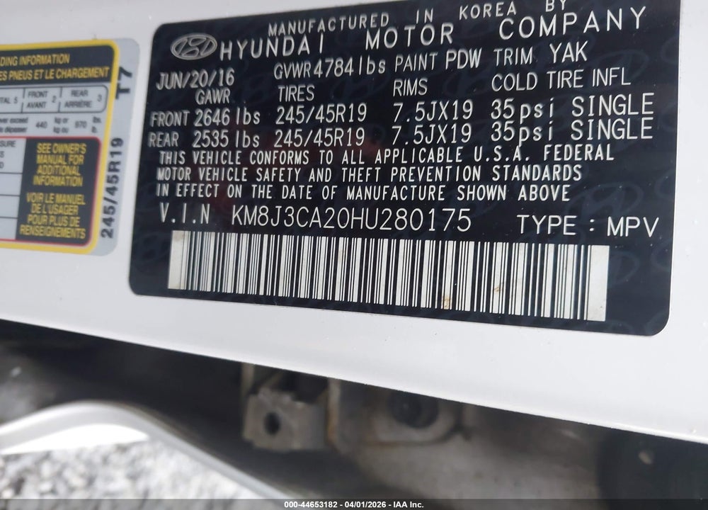 2017 HYUNDAI TUCSON LIMITED VIN: KM8J3CA20HU280175
