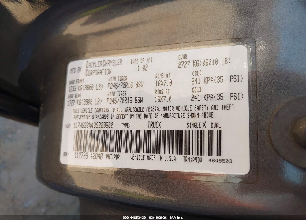 2003 DODGE DAKOTA SPORT/SXT VIN: 1D7HG38X43S223660