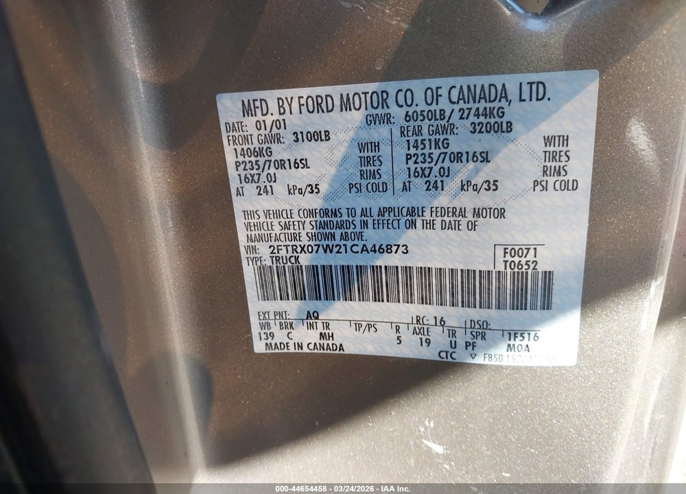 2001 FORD F-150 LARIAT/XL/XLT VIN: 2FTRX07W21CA46873