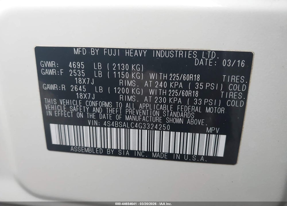 2016 SUBARU OUTBACK 2.5I LIMITED VIN: 4S4BSALC4G3324250