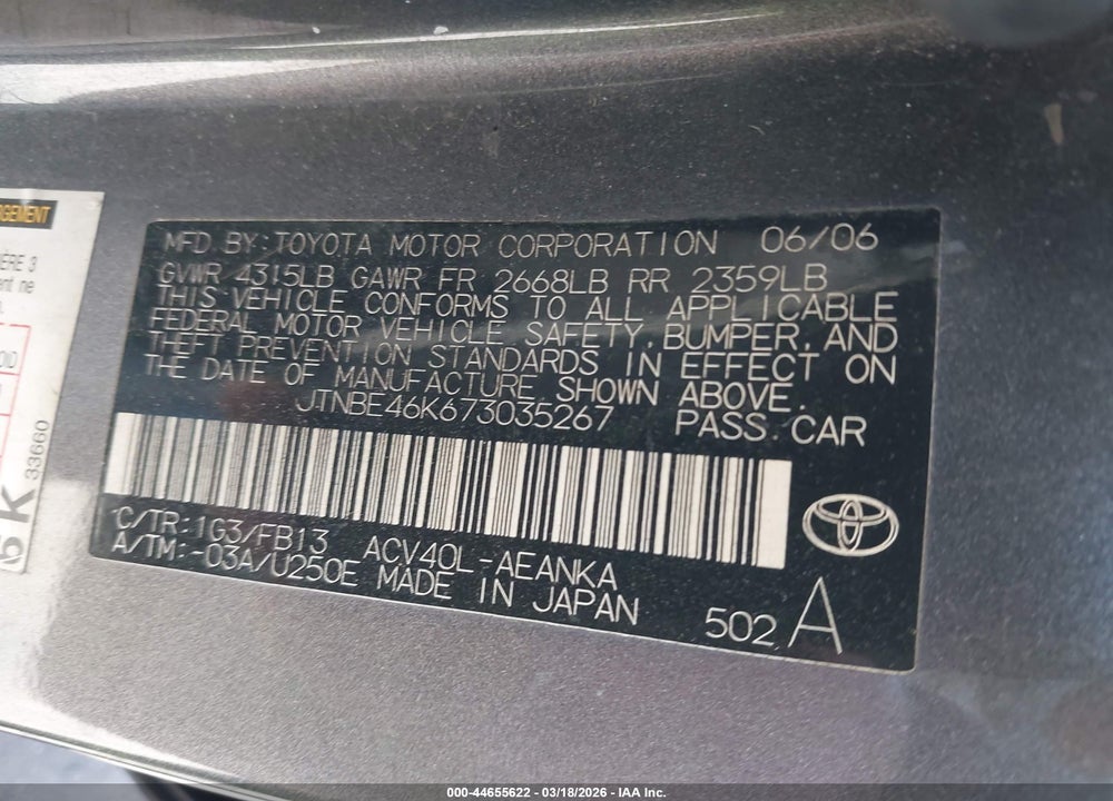 2007 TOYOTA CAMRY LE VIN: JTNBE46K673035267