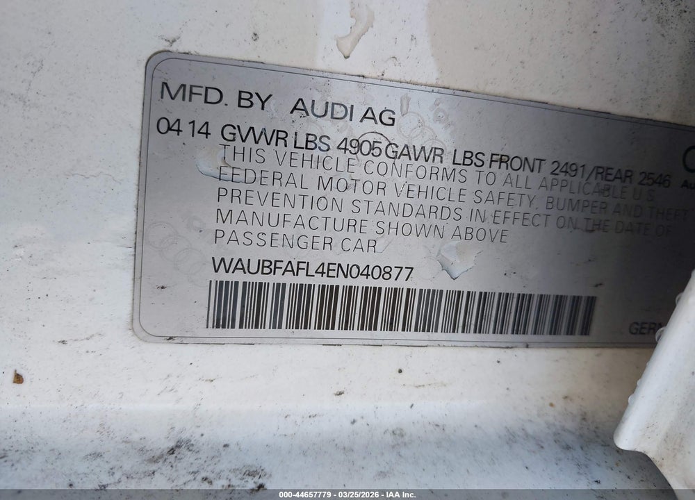 2014 AUDI A4 2.0T PREMIUM VIN: WAUBFAFL4EN040877