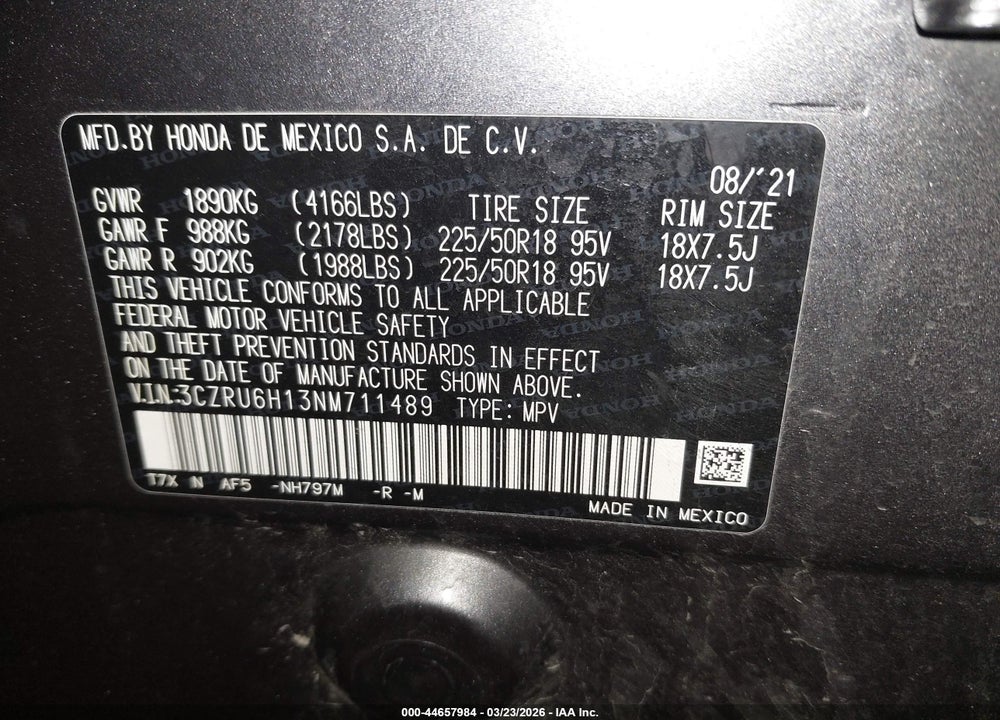 2022 HONDA HR-V AWD SPORT VIN: 3CZRU6H13NM711489