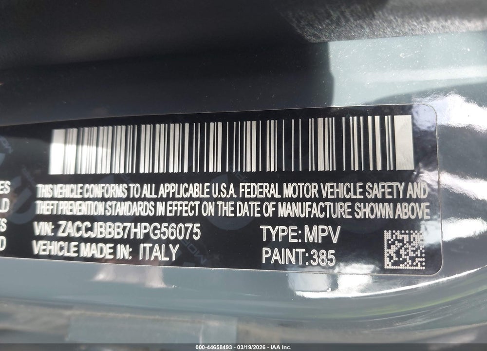2017 JEEP RENEGADE ALTITUDE 4X4 VIN: ZACCJBBB7HPG56075