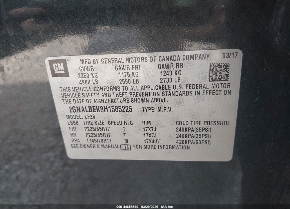 2017 CHEVROLET EQUINOX LS VIN: 2GNALBEK8H1585225