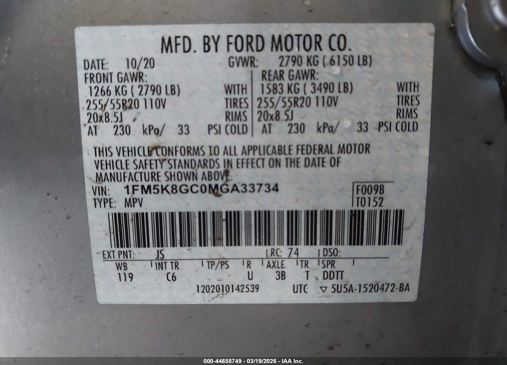 2021 FORD EXPLORER ST VIN: 1FM5K8GC0MGA33734