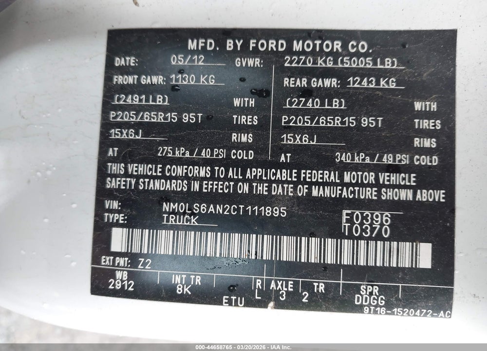 2012 FORD TRANSIT CONNECT XL VIN: NM0LS6AN2CT111895