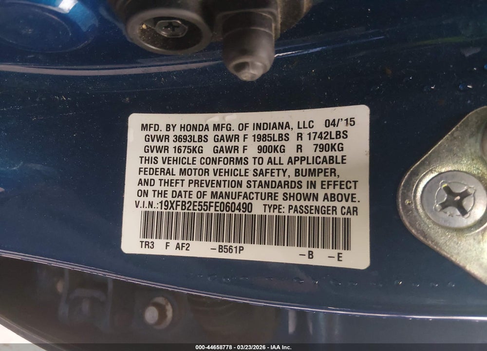 2015 HONDA CIVIC LX VIN: 19XFB2E55FE060490