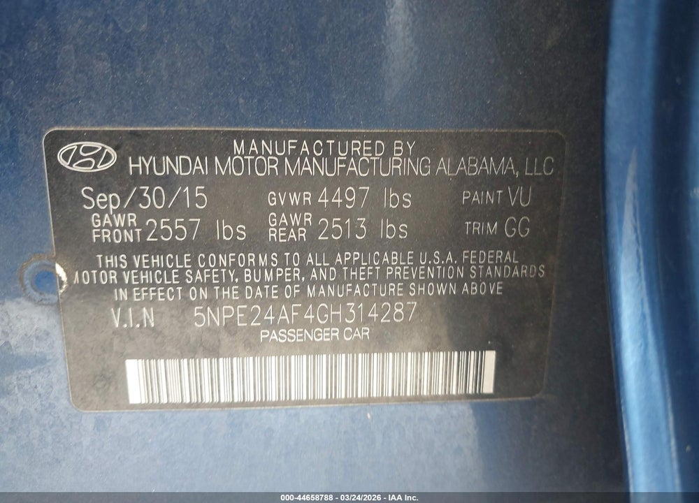 2016 HYUNDAI SONATA SE VIN: 5NPE24AF4GH314287