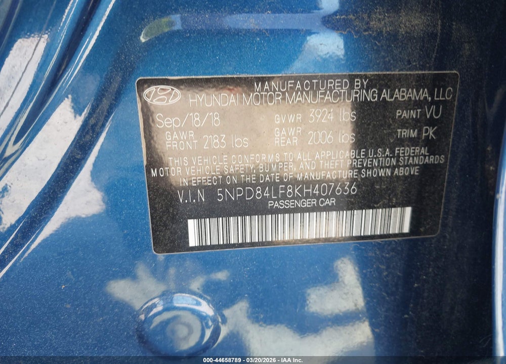 2019 HYUNDAI ELANTRA SEL VIN: 5NPD84LF8KH407636