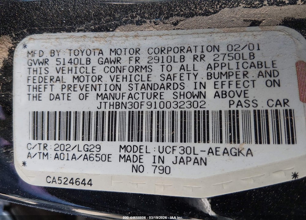 2001 LEXUS LS 430 VIN: JTHBN30F910032302