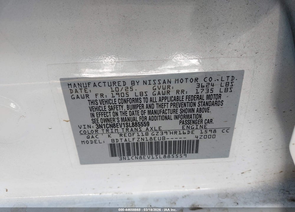 2025 NISSAN VERSA 1.6 SV VIN: 3N1CN8EV1SL885559