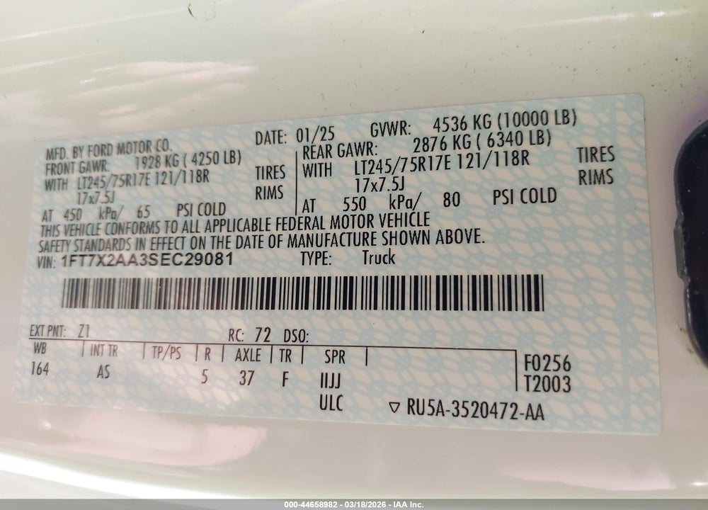 2025 FORD F-250 XL VIN: 1FT7X2AA3SEC29081