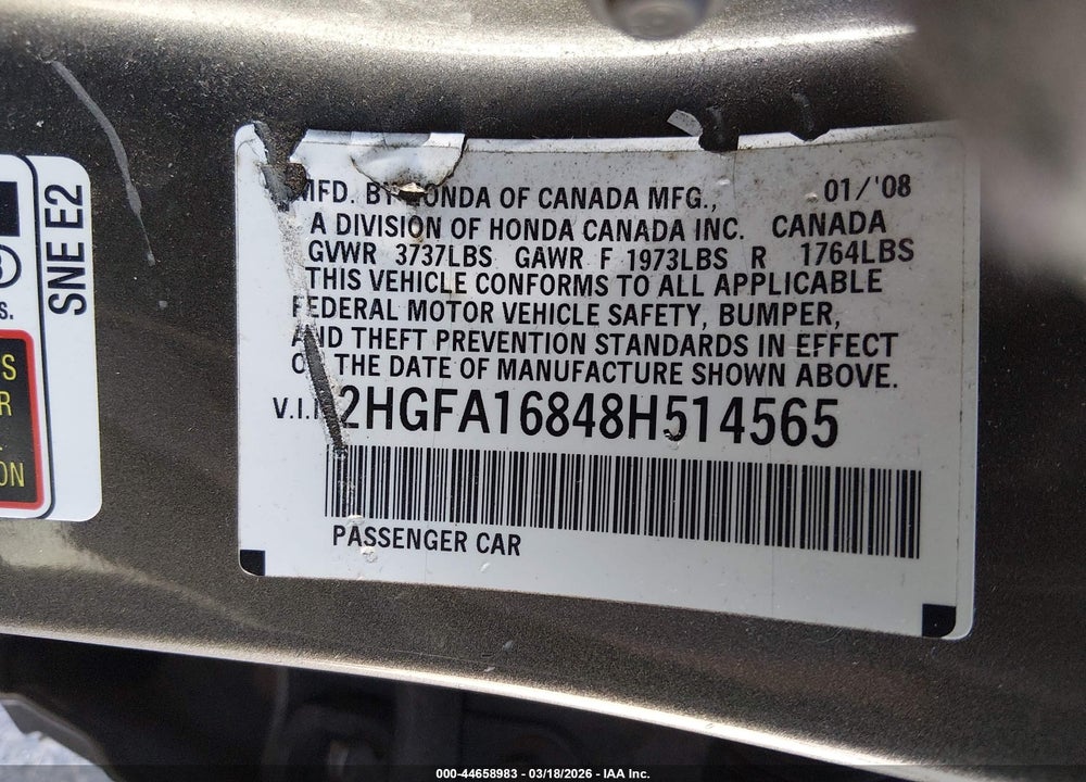 2008 HONDA CIVIC EX VIN: 2HGFA16848H514565