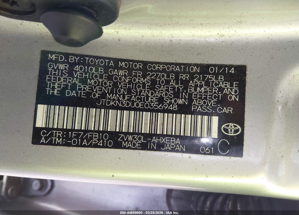 2014 TOYOTA PRIUS TWO VIN: JTDKN3DU0E0356948