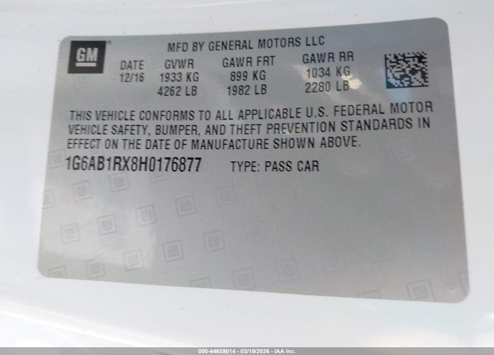 2017 CADILLAC ATS LUXURY VIN: 1G6AB1RX8H0176877