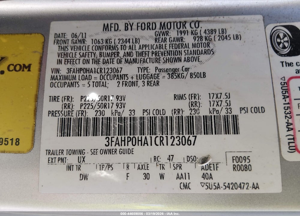 2012 FORD FUSION SE VIN: 3FAHP0HA1CR123067