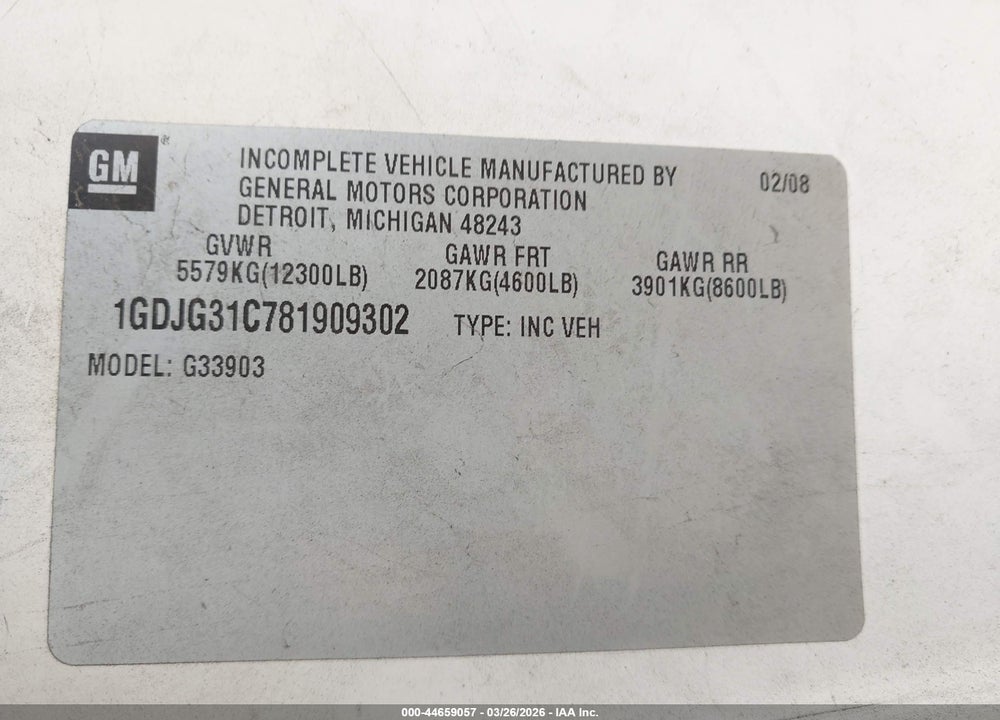 2008 GMC SAVANA G3500 VIN: 1GDJG31C781909302