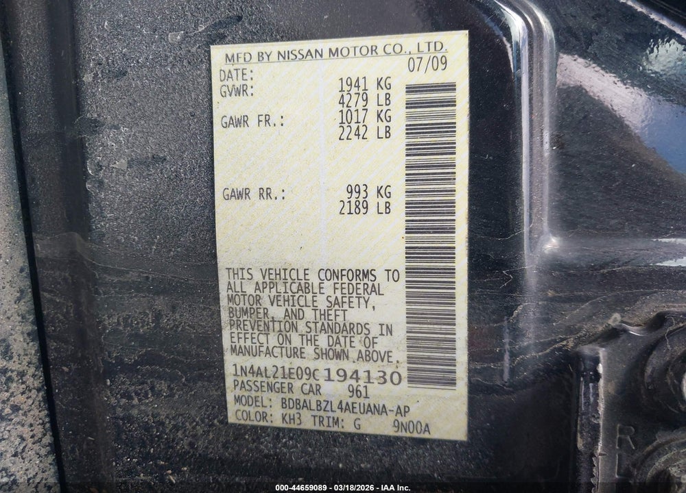 2009 NISSAN ALTIMA 2.5 S VIN: 1N4AL21E09C194130
