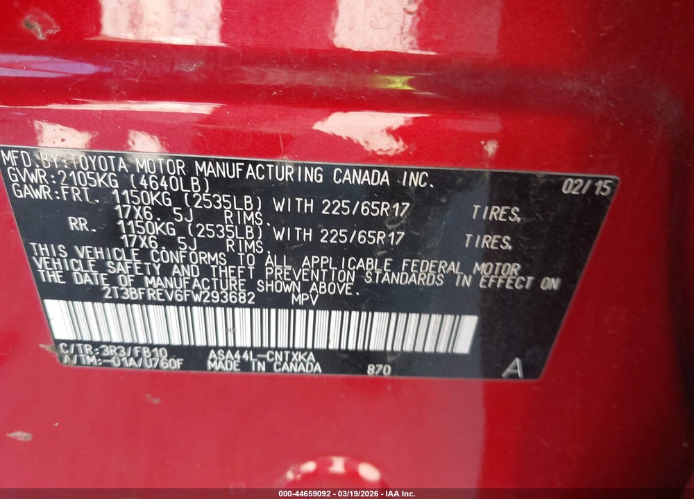 2015 TOYOTA RAV4 LE VIN: 2T3BFREV6FW293682