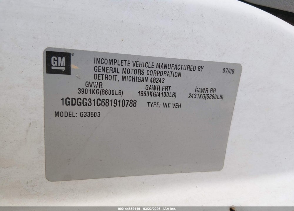 2008 GMC SAVANA CUTAWAY WORK VAN VIN: 1GDGG31C681910788