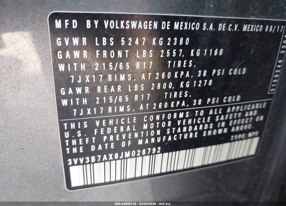 2018 VOLKSWAGEN TIGUAN 2.0T SE/2.0T SEL VIN: 3VV3B7AX6JM026792