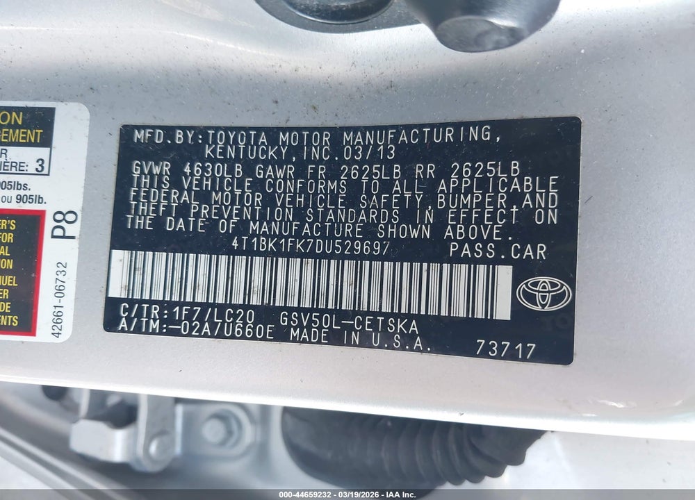 2013 TOYOTA CAMRY SE V6 VIN: 4T1BK1FK7DU529697