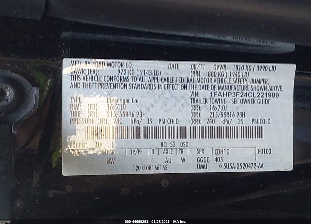 2012 FORD FOCUS SE VIN: 1FAHP3F24CL221909