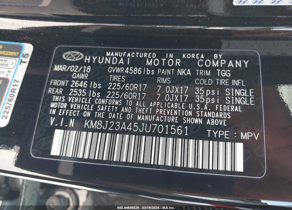 2018 HYUNDAI TUCSON SE VIN: KM8J23A45JU701561