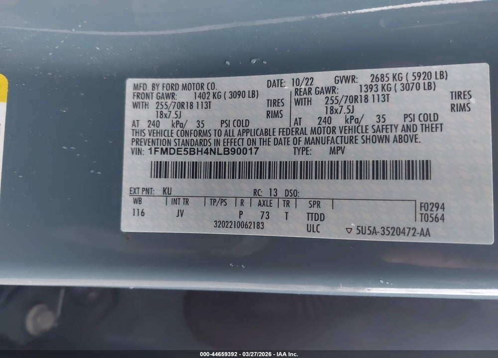 2022 FORD BRONCO OUTER BANKS VIN: 1FMDE5BH4NLB90017