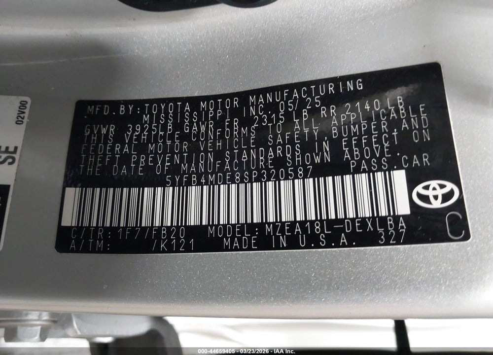 2025 TOYOTA COROLLA LE VIN: 5YFB4MDE8SP320587